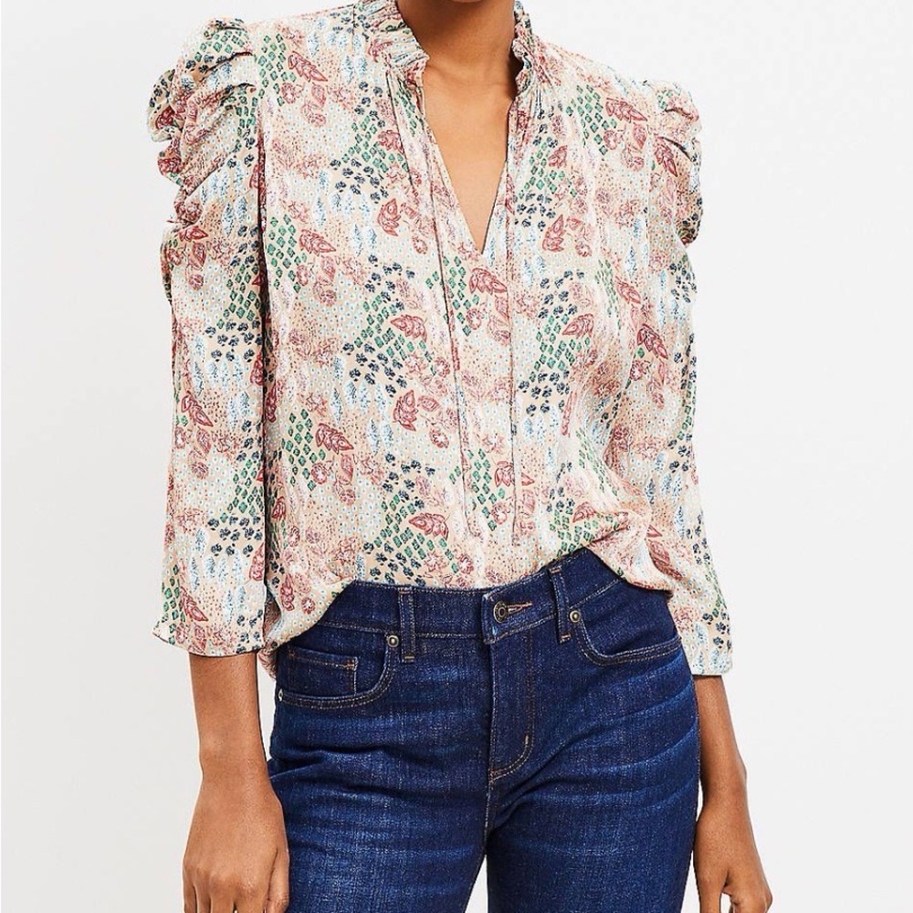 LOFT Garden Cinched Sleeve Ruffle Tie Neck Blouse | XL | NWT